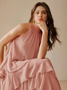 MOTF PREMIUM SUMMER FLOWY HEAVY EMBELLISHED FASHION BEACH VACATION HALTER NECK DRESS, LUXURY GODDESS STYLE - Pink - View 5