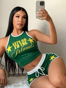 SHEIN SXY 女款字母與星星印花拼接上衣與短褲休閒日常兩件套 - 綠色 - 查看 1