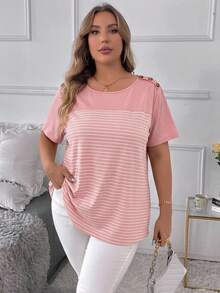 SHEIN CURVE+ 大尺碼女款撞色條紋拼接T恤 - 粉色 - 查看 4
