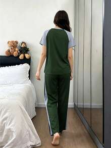Dream Adore Conjunto de pijama casual de mujer con manga raglán y pantalones largos - Verde - Ver 2