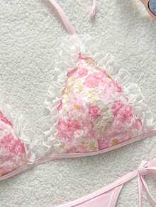 Soleia Vacation Beach Floral Embroidered Bikini Set Bathing Suit For Women Pink Summer Cute - Pink - View 5