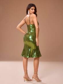 Glamance Grünes Pailletten-Spaghettiträger-Bodycon-Meerjungfrau-Mittelänge-Kleid, elegant sexy Party Hochzeit Gast Brautjungfer Geburtstag Urlaub - Grün - Übersicht 2