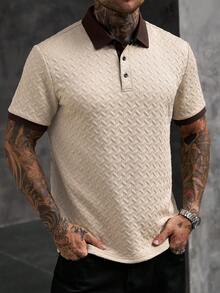 Manfinity Homme Men's Knitted Jacquard Solid Color Textured 3-Button Collar, Cuffs And Hem Ribbed Black Pique Polo Shirt - Apricot - View 5