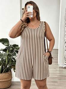 EMERY ROSE Mono de talla grande casual minimalista a rayas con bloques de color, bolsillo y cuello redondo - Multicolor - Ver 3