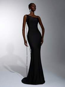 Elitara Elegant Classic Stretch Asymmetrical Neckline Backless Deep V-Neck Ruched Bodycon Pearl Trim Floor-Length Evening Gown For Wedding Party - Khaki - View 8