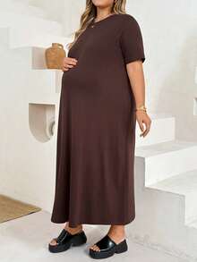 Plussiva Plus Size Maternity Solid Color Simple Round Neck Short Sleeve Loose Fit Dress - Brown - View 5