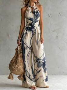 SHEIN Women Boho Vacation Halter Sleeveless Cut Out Long Wide Leg Jumpsuit - Multicolor - View 5