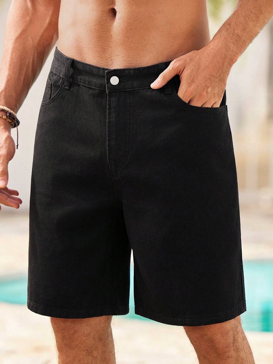 Mercer Haus Denim Shorts, 5-Inch Inseam, Summer Pants, Non-Stretch Straight Leg Denim Shorts, Cotton Denim Jeans, Casual Streetwear Jeans, Versatile For Daily Commute, BreathableBermuda Shorts For Summer - Black - View 1