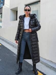 Premium Quality, Elasticated Belted, Fur Hooded Maxi Puffer Winter Coat - Black - View 4