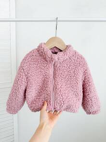 SHEIN LMoss Kids LMoss 女嬰可愛休閒毛絨立領夾克，愛心圖案，適合秋冬穿著 - 淺粉色 - 查看 4