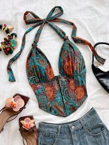 Soleia Women's Halter Tie All-Over Print Sexy Boho Versatile Casual Daily Vacation Beach Teal Summer Gold Girly Holiday Night Music Festival,No Chest Padding - Multicolor - View 1