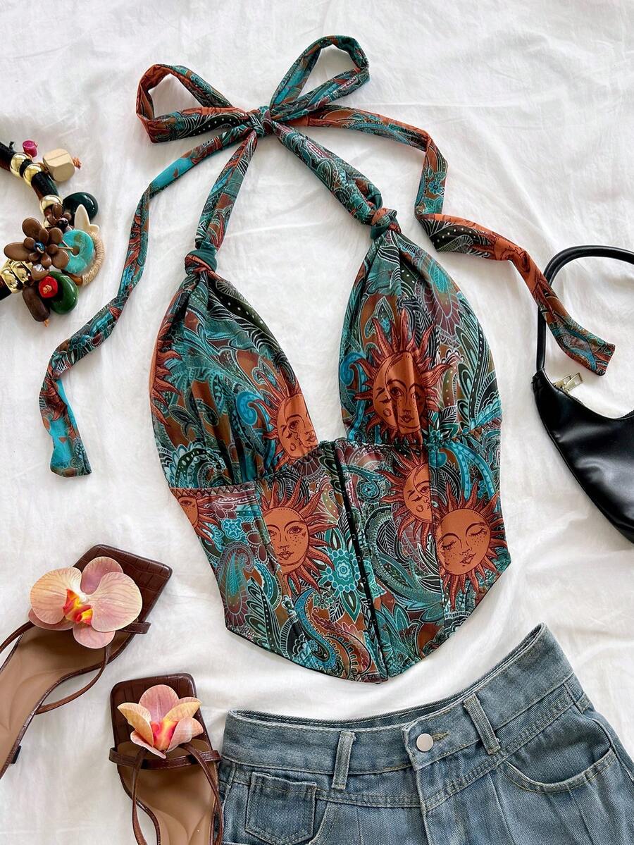 Soleia Women's Halter Tie All-Over Print Sexy Boho Versatile Casual Daily Vacation Beach Teal Summer Gold Girly Holiday Night Music Festival,No Chest Padding - Multicolor - View 1