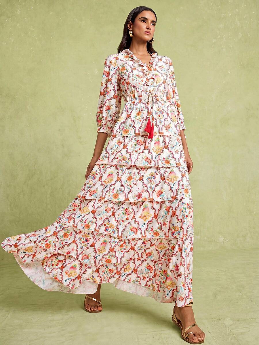 LOTSLUV Women's Spring/Summer Vacation Pink Print V-Neck Ruffle Long Sleeve Cinched Waist Colorblock Dress - Multicolor - View 1