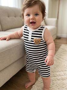 SHEIN Baby Boy Cute Bear Pattern Striped Sleeveless Romper Navy Blue Summer Casual Cute Family Matching Refreshing Versatile Shorts For All Occasions - Multicolor - View 6