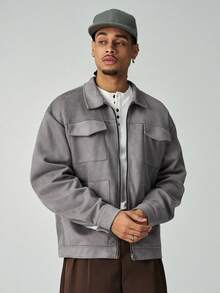 ÉpureWay Herren lässige, locker geschnittene Jacke mit Dropped Shoulder, grau, Reißverschluss-Jacke, grau, Shacket-Modejacke, hellgrau, grau, Jacke, Old Money Stil, Herbst Winter - Grau - Übersicht 8