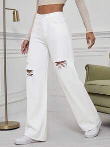 EMERY ROSE Plus Size Women's Casual Grunge Casual Formal Pocket Straight Leg Denim Jeans Back-To-School Graduation White Summer - White - View 4
