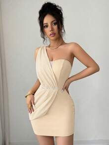 Elenzga Asymmetrical Fabric Patchwork Diamond Decor Bodycon Elegant Sexy Romantic Exquisite Women's Dress Ruched Formal Gown Night Out Wedding Peach Summer - Apricot - View 6