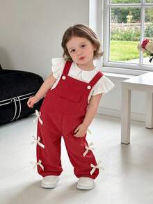 SHEIN Vintaside Kids 女童燈芯絨吊帶褲，四季新款，紅色前口袋設計，杏色蝴蝶結裝飾，寬鬆直筒版型，柔軟舒適，適合上學、通勤、日常出遊，四季女童吊帶褲 - 紅色 - 查看 1