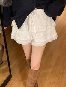 DAZY Women's Ruffled Hem Fresh Korean-Style A-Line Skirt Summer Petite - White - View 8