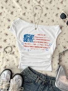 Attitoon 休閒街頭風單肩腰部抓褶紅藍配色美式國旗圖案印花 95%棉女款上衣 白色 夏季街頭穿搭 - 白色 - 查看 3