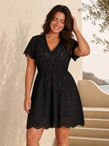 ELLERISSA Plus Size Black Scallop Eyelet Embroidered Short Sleeve Skater Dress Beach Vacation Summer Traditional Normal - Black - View 3
