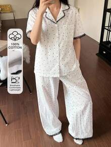 DAZY 2件組女款夏季睡衣套裝，波點滿版印花蕾絲拼接短袖開襟上衣與直筒長睡褲 - 白色 - 查看 5