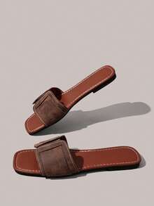 Styleloop Sandal Datar Wanita Musim Panas Sandal Liburan Bohemian Ujung Terbuka Sandal Selop Bersol Lembut - Coklat + Kulit - View 6