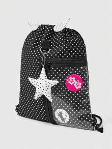 ROMWE Anime Mochila simple negra con lunares y cuerda para tirar, decoración de insignia de ala de estrella en el lateral con bolsillo de cremallera transparente, adecuada para ir a la escuela y desplazarse - Estrella de lunares - Ver 3