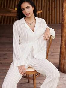Lullawish 休闲套装 女士天然舒适无弹力褶皱亚麻长袖上衣和长裤睡衣睡袍，秋季服装 - 米色 - 查看 6