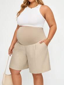 Plussiva 大尺碼孕婦可調腰圍休閒百搭日常短褲 - 卡其色 - 查看 5