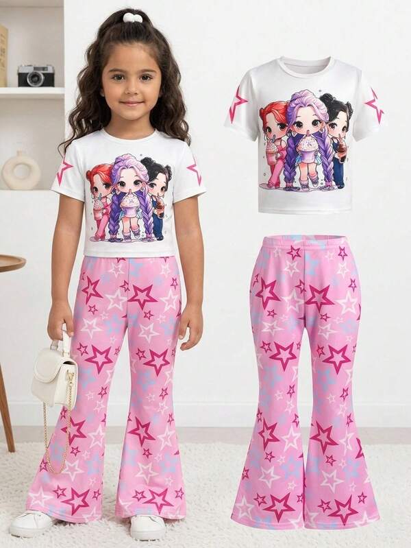 Young Girl Young Girls Summer Squishy Cute Cartoon Little Girl Print 2-Piece Set, Versatile For Formal Occasions, Outings, Vacation, Street Wear, Suitable For Any Occasion, Sister Outfit, Parent-Child Matching, Cute Girls Outfit