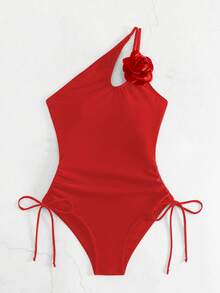 Swim SXY Baju Renang Wanita Model One-Piece dengan Potongan Satu Bahu dan Dekorasi Bunga 3D untuk Liburan - Merah - View 4