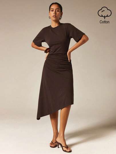 COSMINA Women's Casual Versatile Cinched Waist Cotton Brown Dress