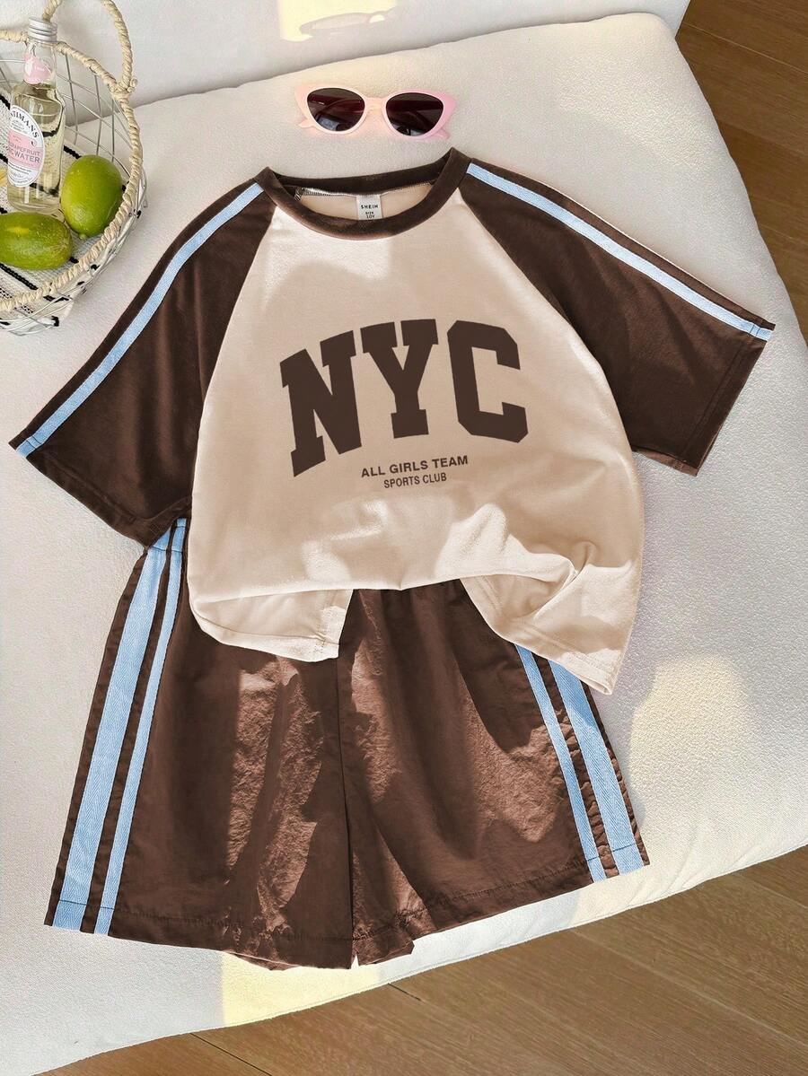 SHEIN Set Kaos Anak Perempuan Remaja, Gaya Sporty, Set Kaos Lengan Pendek dan Celana Pendek Warna Pink dan Hijau Tua, Desain Longgar dan Pas untuk Musim Panas, Kain Ringan, Cocok untuk Pemakaian Sehari-hari, Olahraga Kasual atau Pakaian Sehari-hari - MultiWarna - View 1