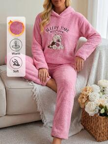 SHEIN طقم ملابس منزلية من الفليس الناعم بتصميم دب وردي لطيف ومريح لوقت النوم - وردي - مشاهدة 1