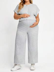 Plussiva Plus Size Maternity Textured Minimalist Top And Adjustable Waist Casual Loose Pants 2 Pieces Set - Grey - View 3