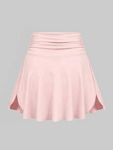 Sweetra Women's Summer Minimalist Solid Color Pleated Phone Pocket Sports Skort Tennis Skirt - Pink - View 2