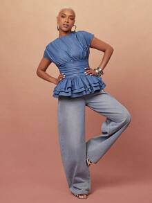 Vixey Round Neck Ruched Short Sleeve Layered Peplum Denim-Look Top, Elevated Casual, Casual Chic, Everyday Style, Off Duty - Blue - View 3