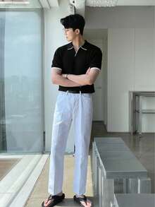 DAZY Black Commuter Contrast White Trim Polo Collar Men's Knit Top Summer - Black - View 5