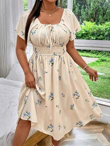SHEIN MOOSTA Gaun Liburan Kasual Motif Bunga Ukuran Besar - Khaki - View 4