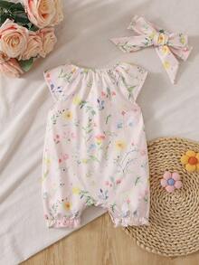 SHEIN 新生兒花卉印花圓領連身衣與髮帶2件套 - 彩色 - 查看 3