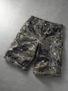 ROMWE MEN Shorts Denim Masculino Casual Versátil com Strass e Estampa Camuflada - Verde Militar - Visão 1