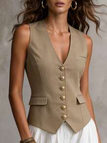 Solivie Women's Summer Elegant Smart Casual Commute Business Brunch Office Solid Color Sleeveless Blouse Khaki - Apricot - View 8
