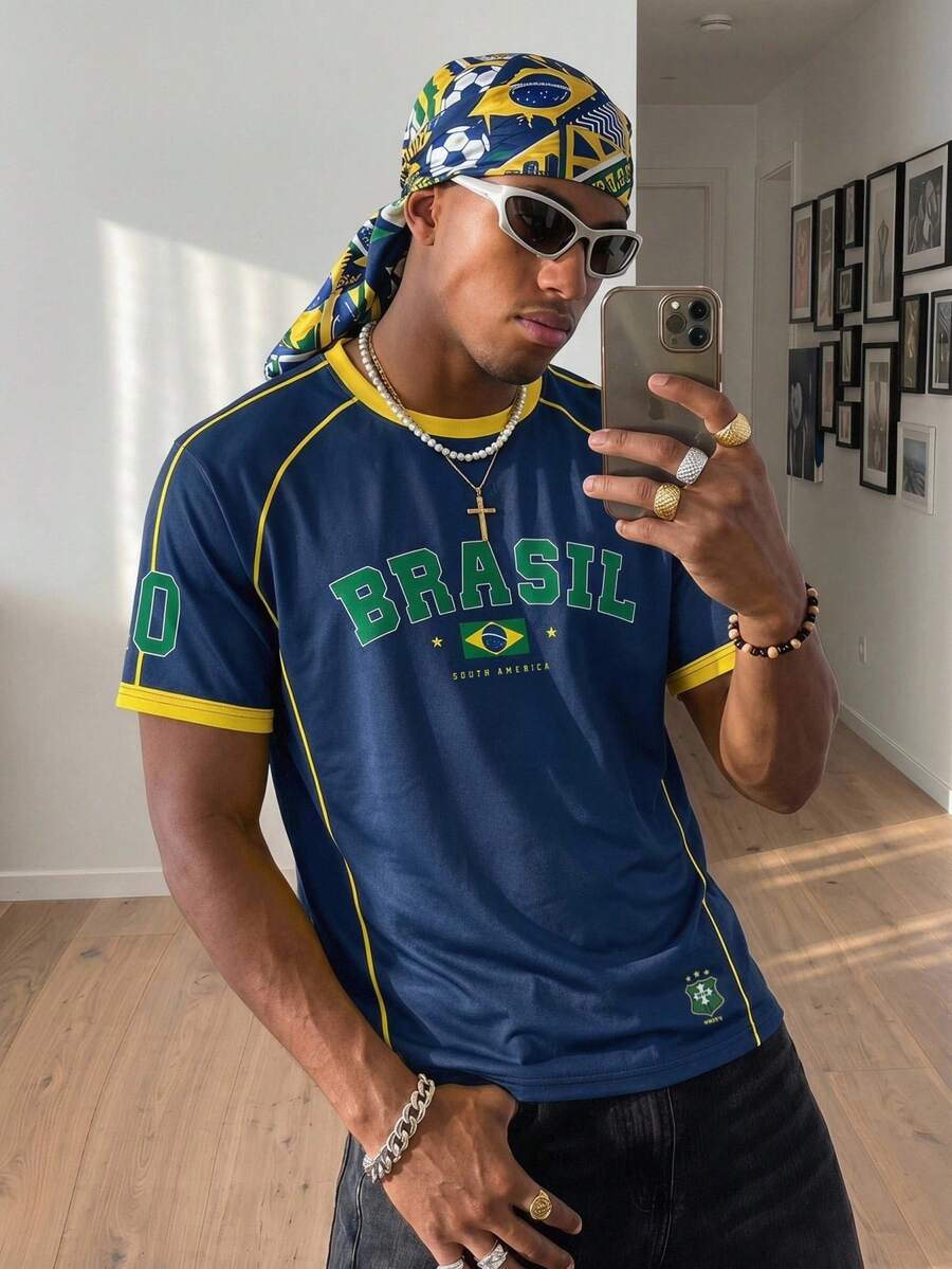 Gritte Field Vintage Brazil Football T-Shirt, American BRASIL 10 Number Print, Men's Graphic T-Shirt, Women's Graphic T-Shirt, Men's Fashion Sports Top, Football/Soccer Accessories - Multicolor - View 1