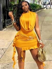 Glyssa Women's Summer Elegant Halter Neck Design Ribbon Ruffle Metal Buckle Fitted Sexy Golden Yellow Short Dress Outfit Night Out Costume Party - Yellow - View 6