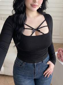 Vibekara Spring, Summer, Fall, New Sweet Vacation Elegant Going Out Tops, Bow, Knit Fabric Contrast Mesh Fabric Lace Trim U-Neck Long Sleeve Women T-Shirt, Slimming Cross Tie Bow Decor Lace Top, Elastic Waist Gathered Design - Black - View 3