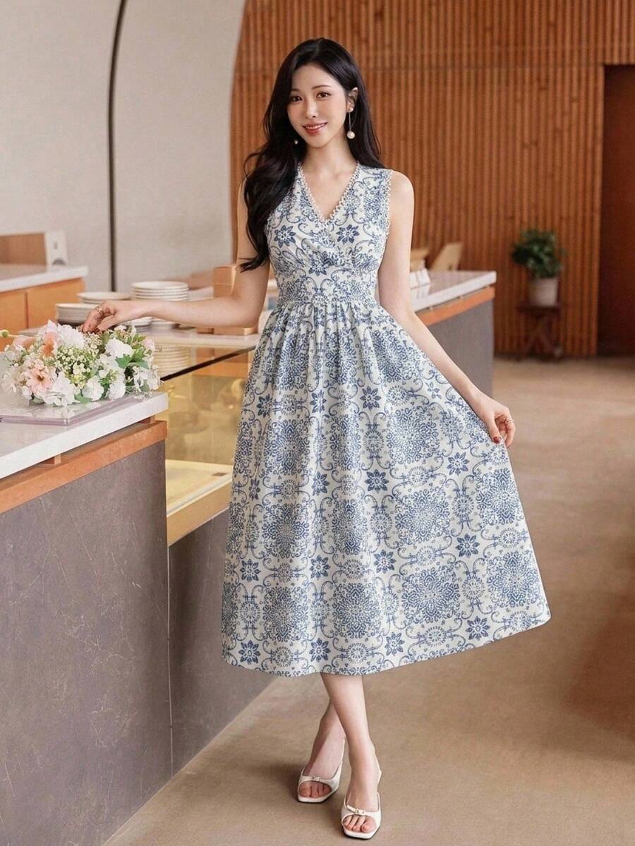 DAZY 女士优雅花卉蕾丝拼接V领无袖中长连衣裙,夏季婚礼宾客礼服长款连衣裙吊带裙波西米亚风度假装 - 藍色 - 查看 1