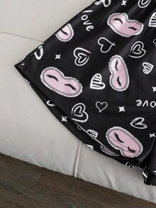 青少年女孩極簡黑色貓咪印花圓領短袖上衣與短褲2件式居家服套裝 - 粉色 - 查看 7