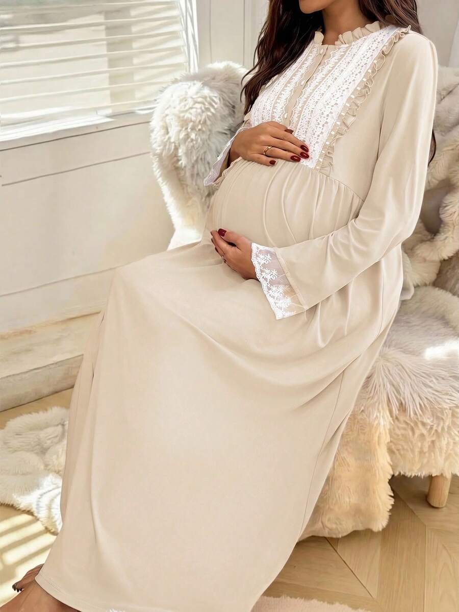 Slowluna Maternity Colorblock Lace Patchwork Dress Fall - Khaki - View 1