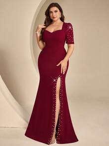Coutiva Plus Size Women's Faux Pearl Decorated Side Slit Hem Elegant Classy Formal Wedding Evening Gown (Heavy Workmanship) Burgundy Autumn Wedding - Burgundy - View 5